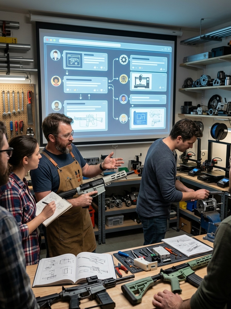 A group of people in a workshop learning about gun assembly with tools and materials.
