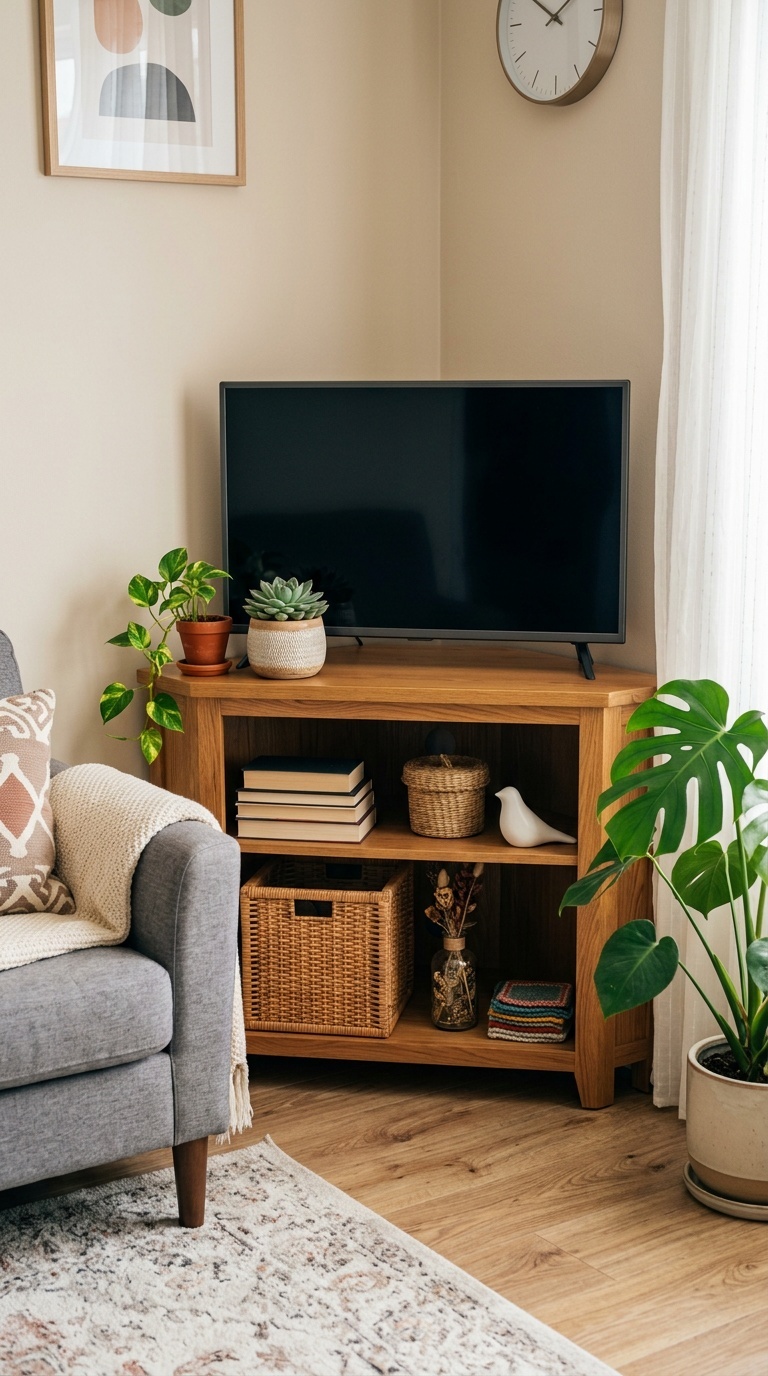 Compact corner entertainment unit with a TV, plants, and decorative items.