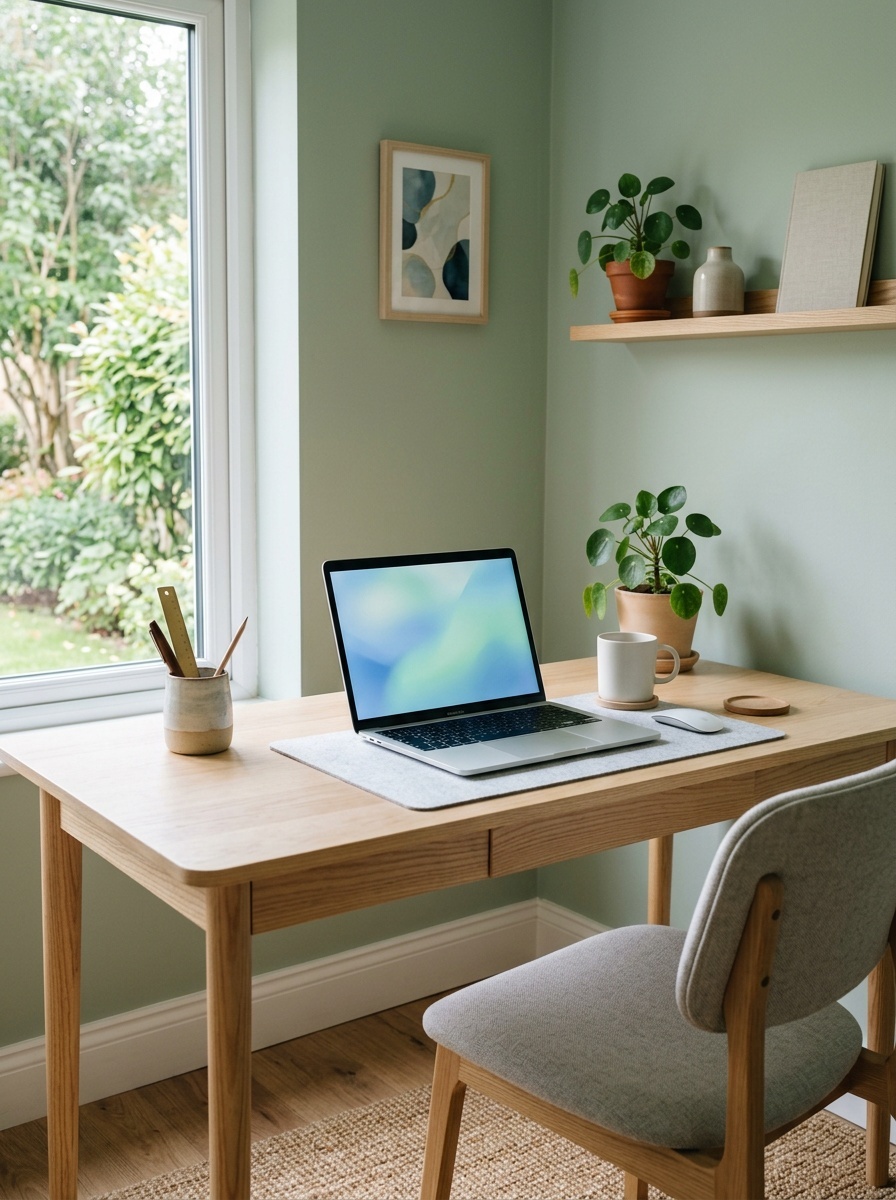 A clean and minimalistic desk setup with a laptop, plants, and a view of greenery outside.