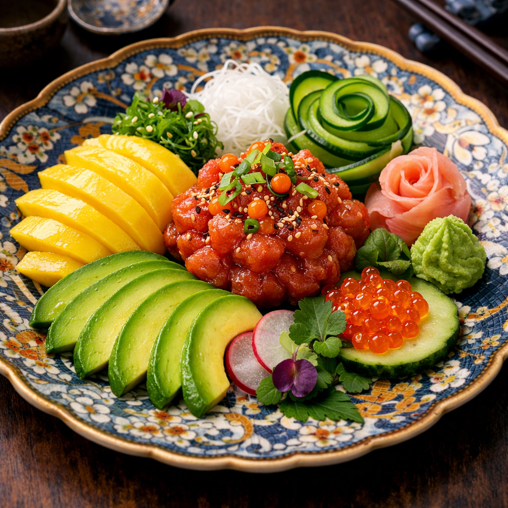 A beautifully arranged sushi platter featuring various colorful toppings and fillings