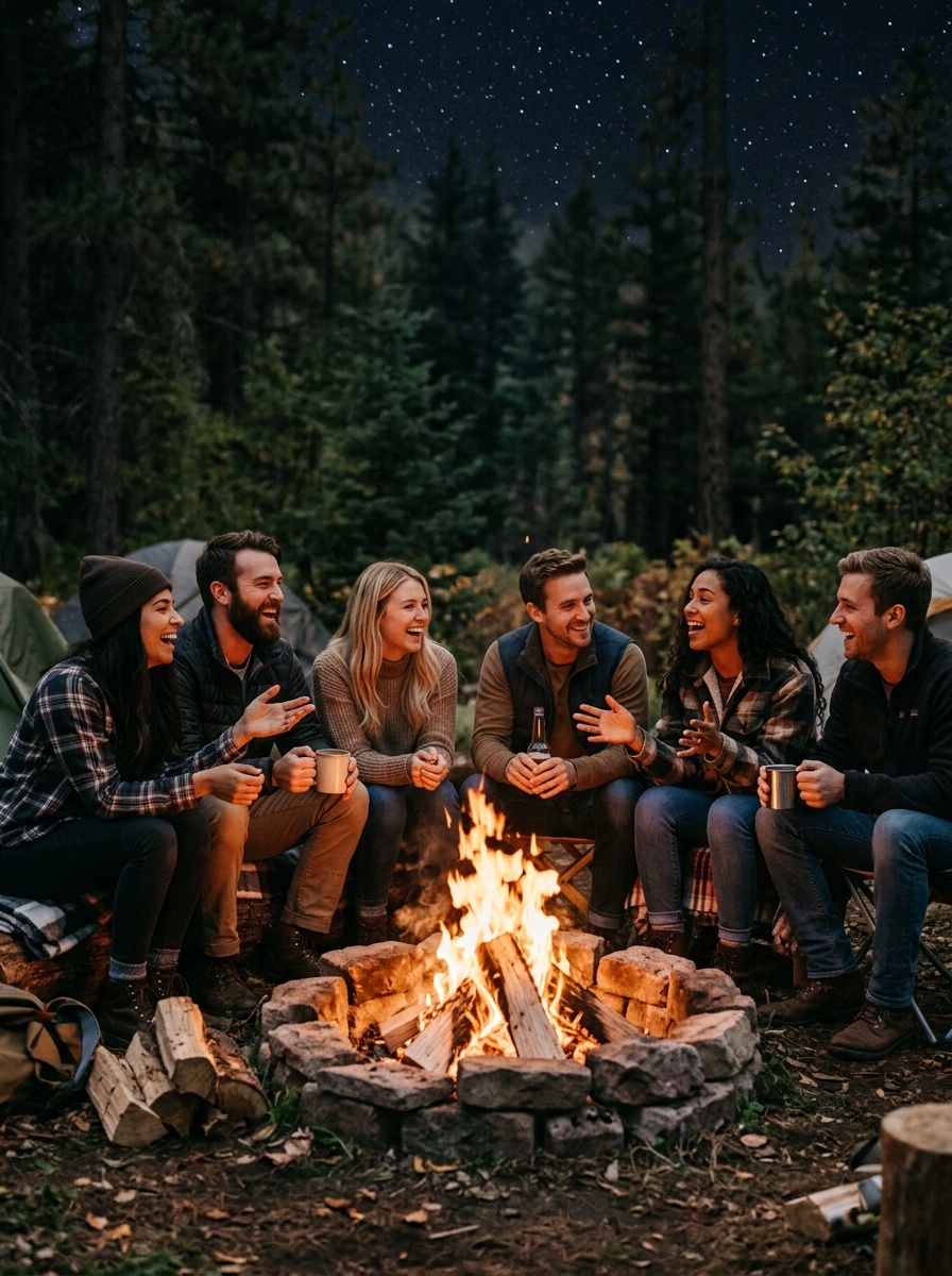 A group of friends sitting around a campfire in the woods, enjoying laughter and conversation beneath a starry sky.