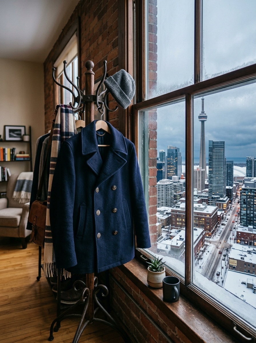 A navy double-breasted peacoat hanging by a window overlooking snowy Toronto skyline