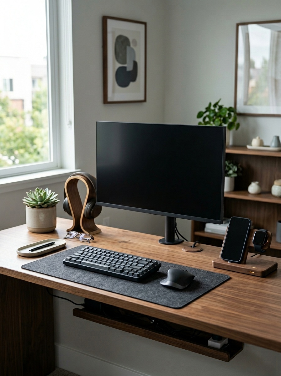 A modern home office setup featuring a monitor, keyboard, mouse, and organized cables with plants and decor.