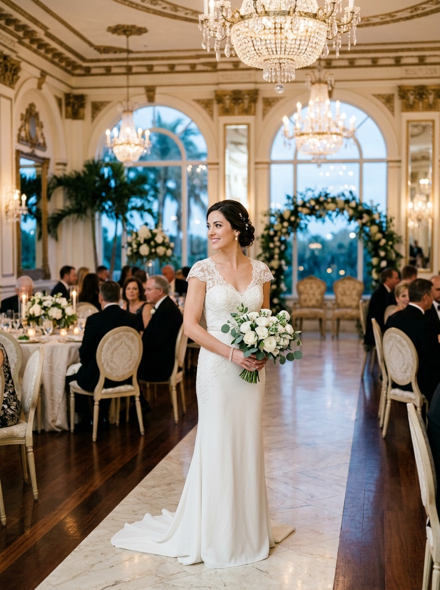 A bride in an elegant column dress with cap sleeves, standing in a beautifully decorated wedding venue.