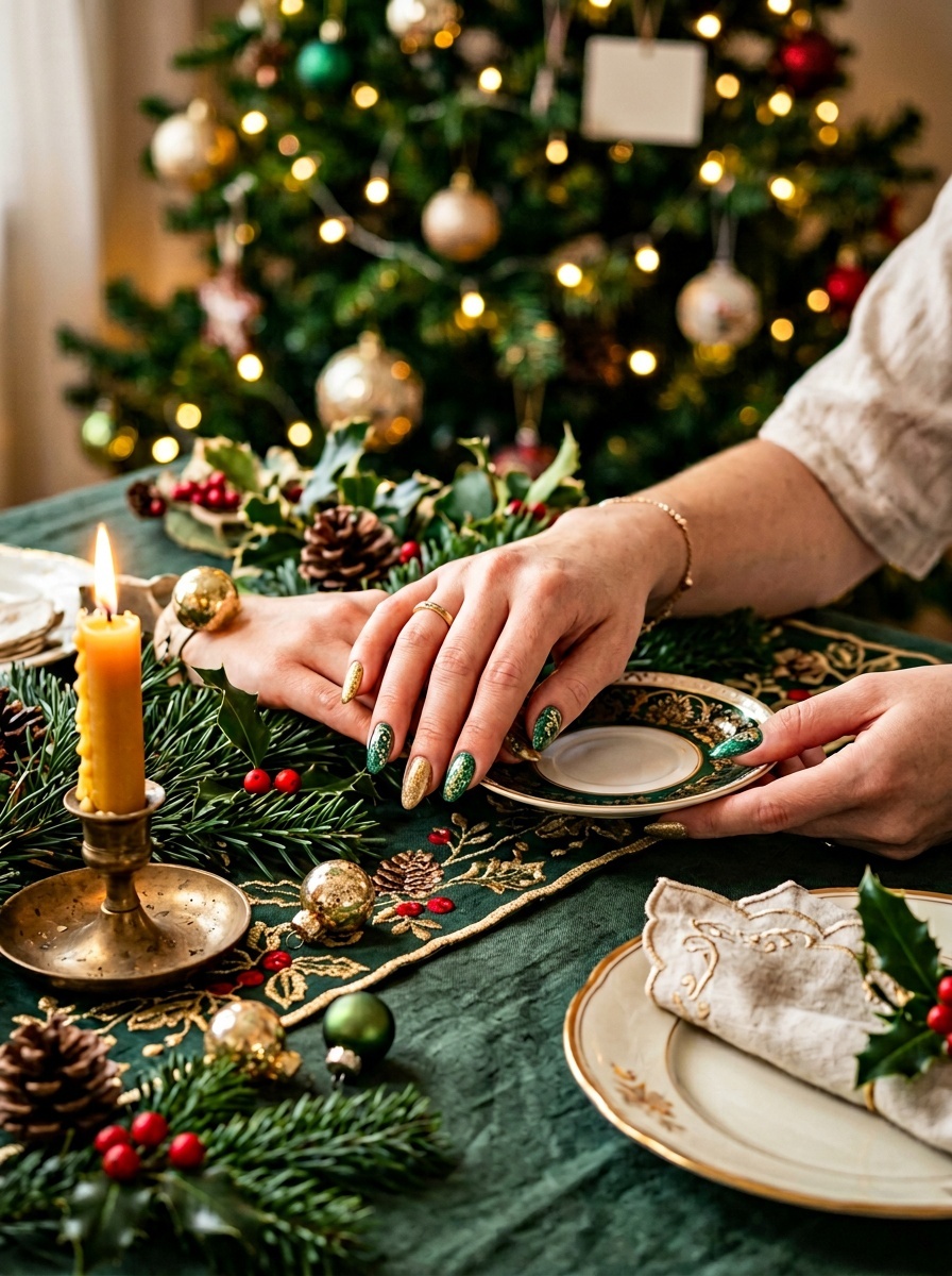 Elegant gold and green nails against a festive backdrop.
