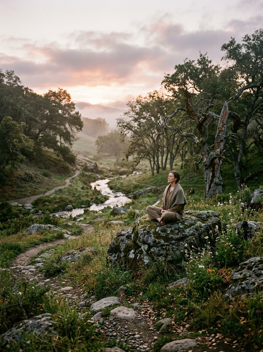 A person meditating peacefully on a rock in a natural landscape with trees and a river.
