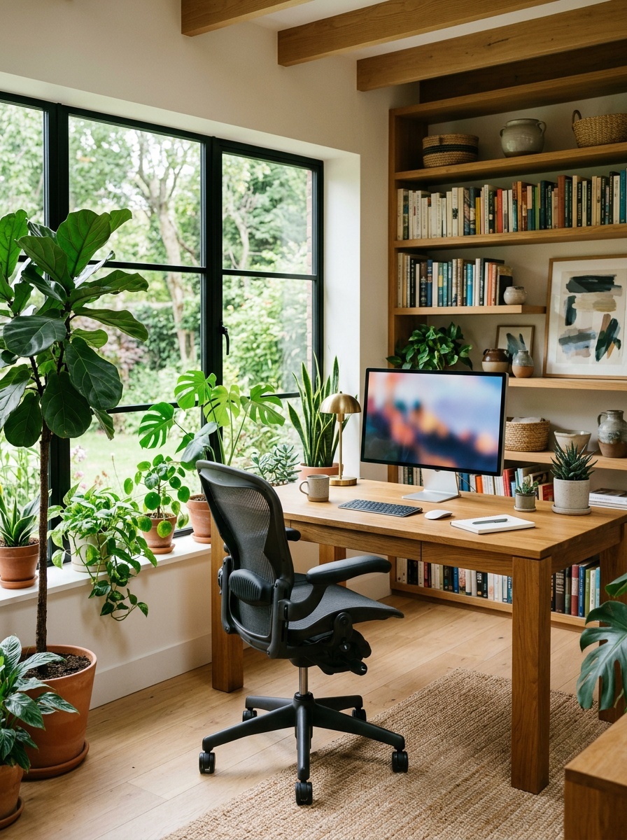 A home office with an ergonomic chair, wooden desk, and plants.