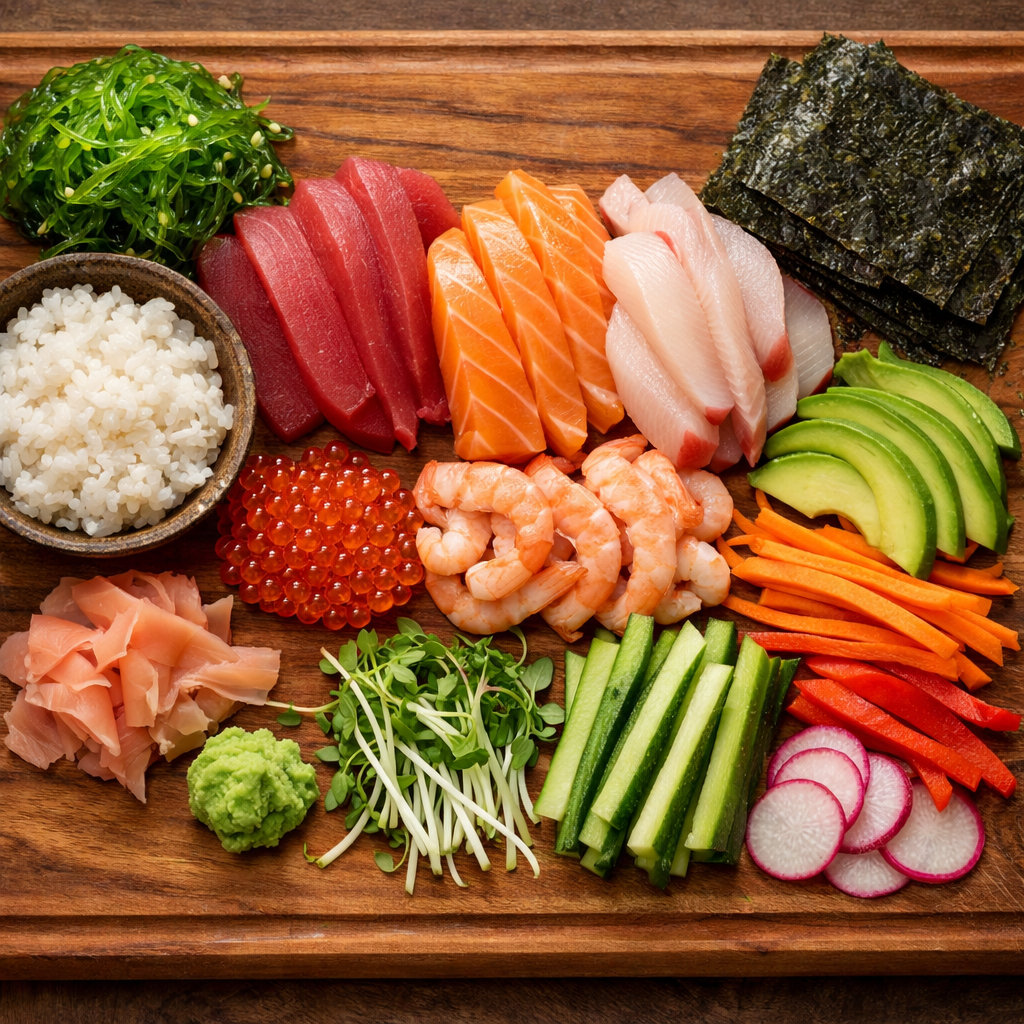 A variety of fresh sushi ingredients including fish, rice, vegetables, and seaweed.