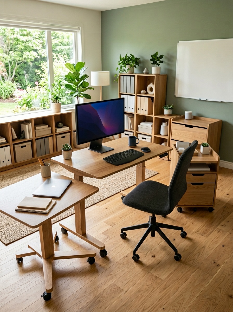 A flexible home office layout with a main desk, a rolling chair, a side table, and shelving that includes plants and organized storage.
