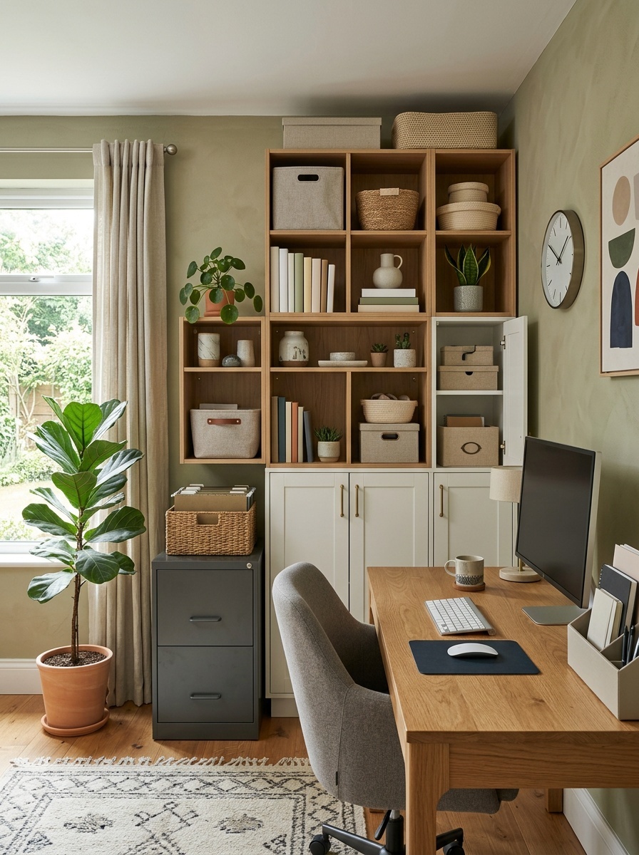 A well-organized home office featuring shelves with plants, books, and baskets, along with a desk and a stylish chair.