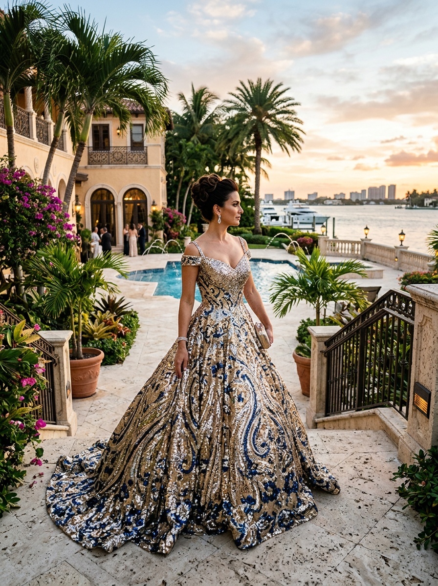 A woman wearing a glamorous sequined ball gown in a tropical setting with palm trees and a sunlit pool.