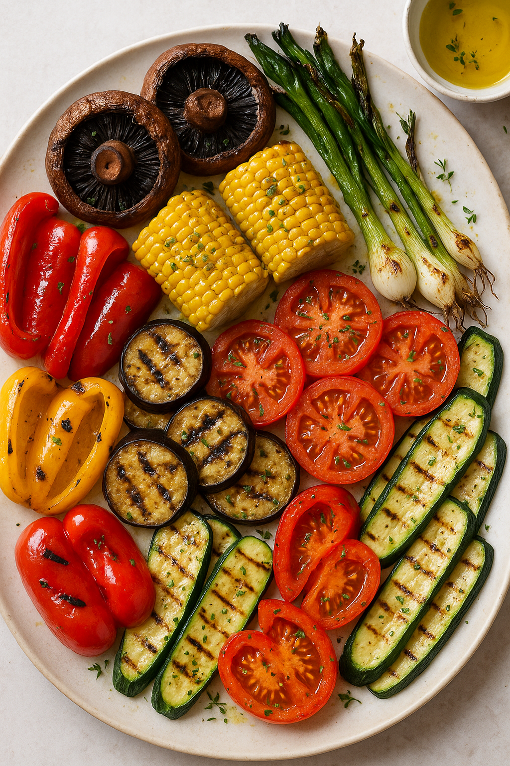 A colorful platter of grilled vegetables including peppers, corn, zucchini, eggplant, and tomatoes.
