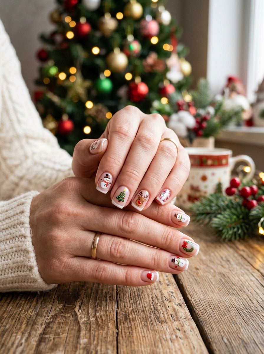 A close-up of holiday-themed nails decorated with stickers featuring a snowman, reindeer, Christmas tree, and holiday wreaths.