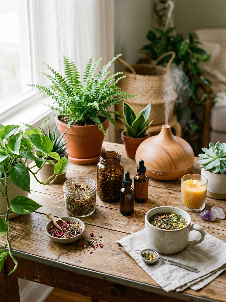 A calming scene with plants, herbal teas, and essential oils illustrating beauty supplements for women's hormonal balance.