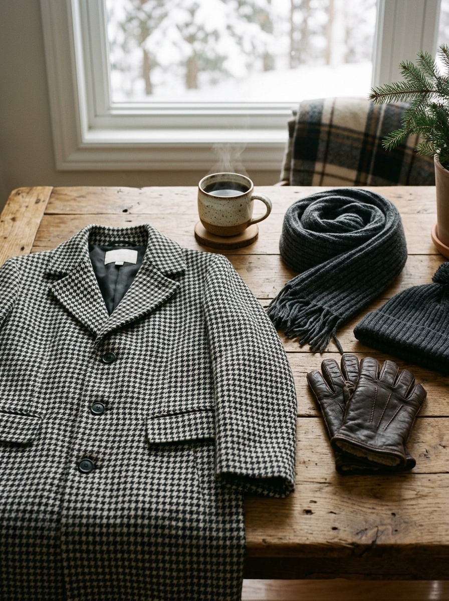 A houndstooth pattern overcoat laid out on a rustic wooden table beside a steaming cup of coffee, a grey knitted scarf, a beanie, and brown leather gloves.