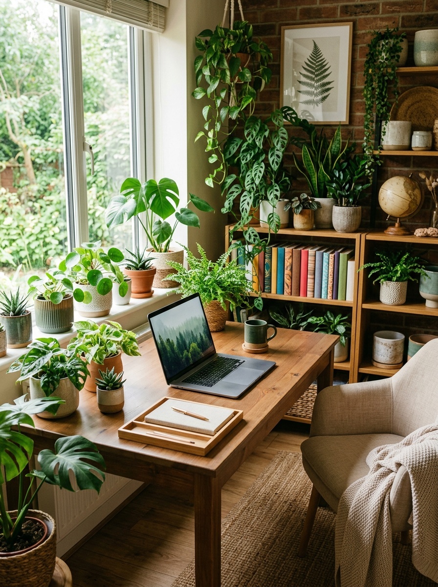 A home workspace featuring a wooden desk with a laptop, plants, and a cozy armchair.