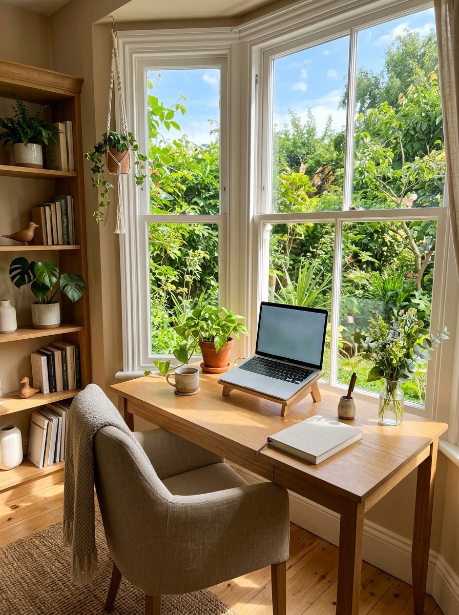 A cozy home office setup with a wooden desk, laptop, plants, and large windows letting in natural light.