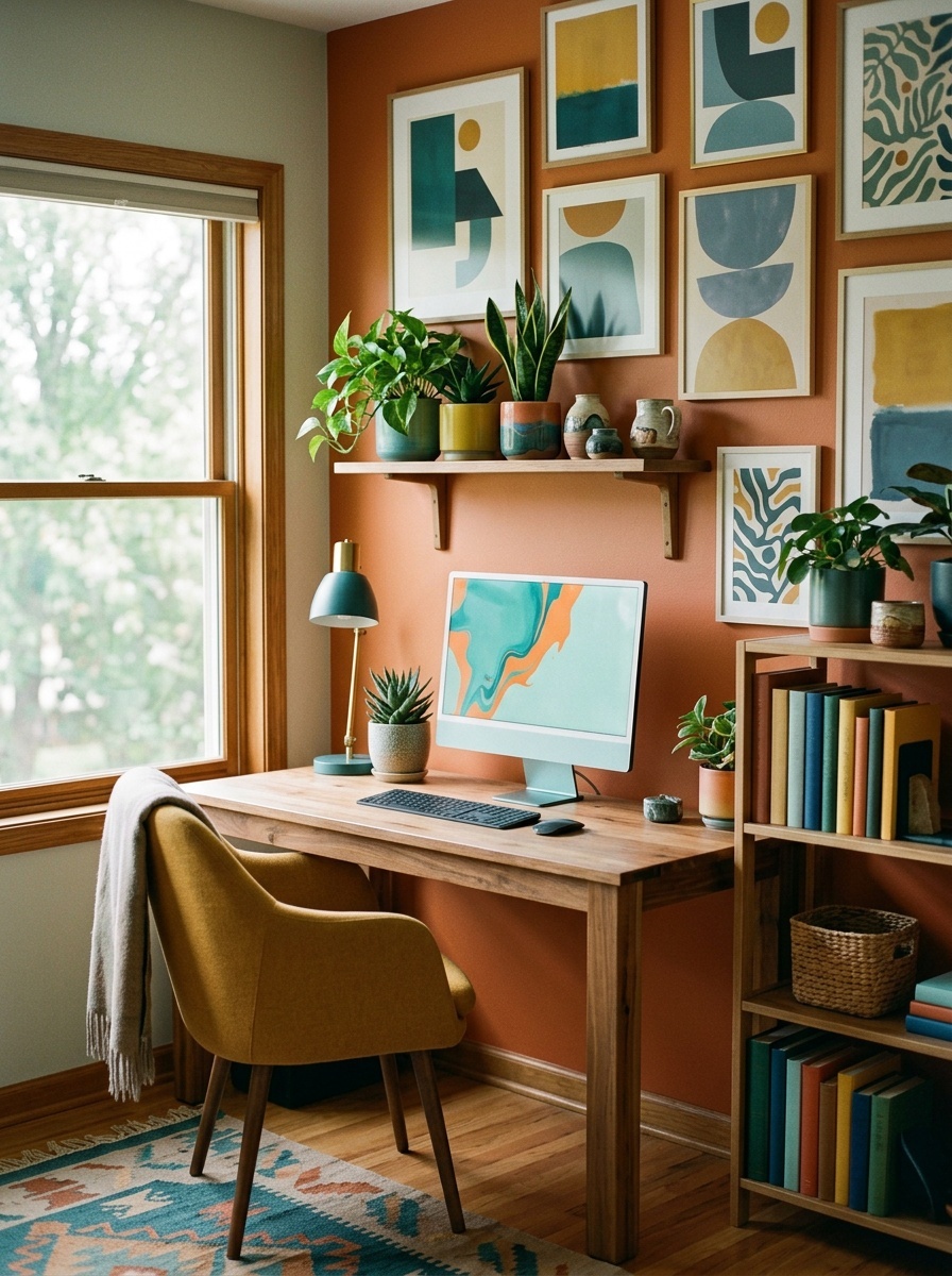 A cozy home office featuring an orange accent wall and colorful artwork, plants, and modern desk decor.