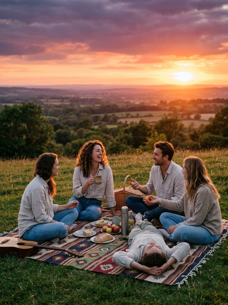 A group of friends enjoying a picnic during sunset in a scenic field.