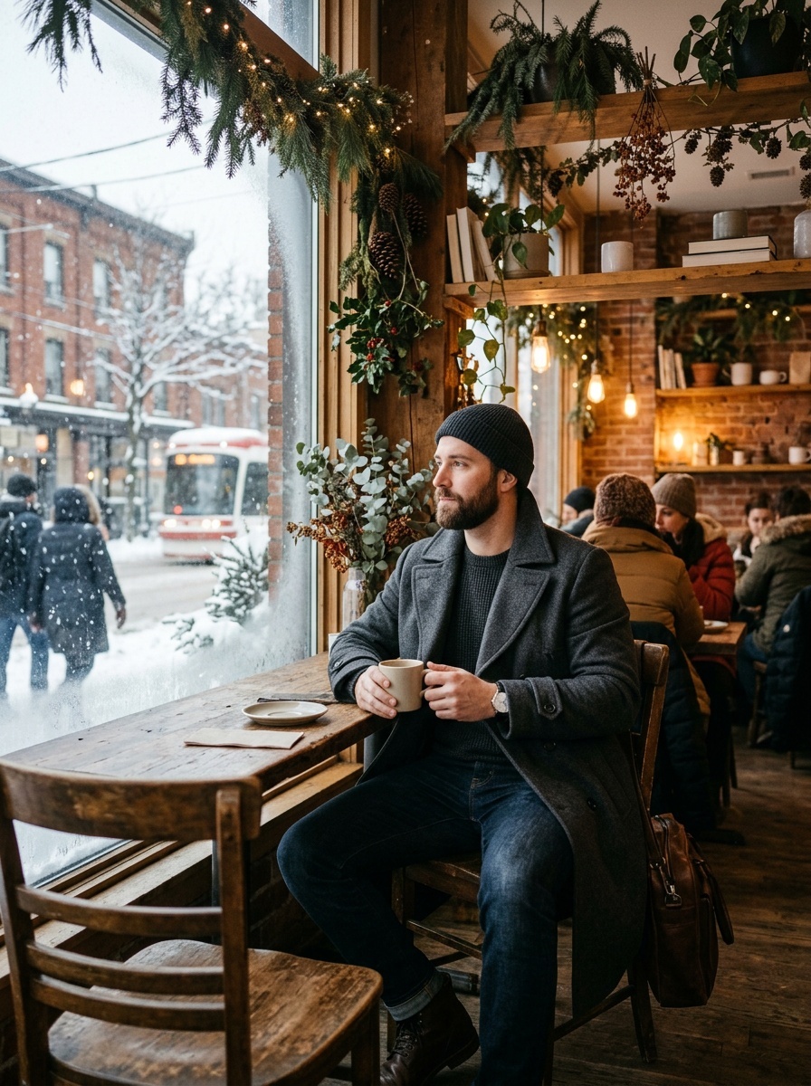 A man in a longline overcoat sitting in a cozy café, watching the snowy street outside.