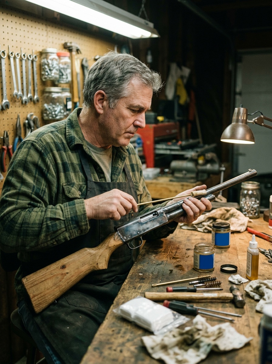 A person working on a homemade firearm in a workshop, surrounded by tools and supplies.