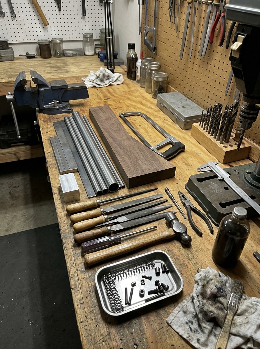 A workspace with various tools and materials organized on a wooden table.