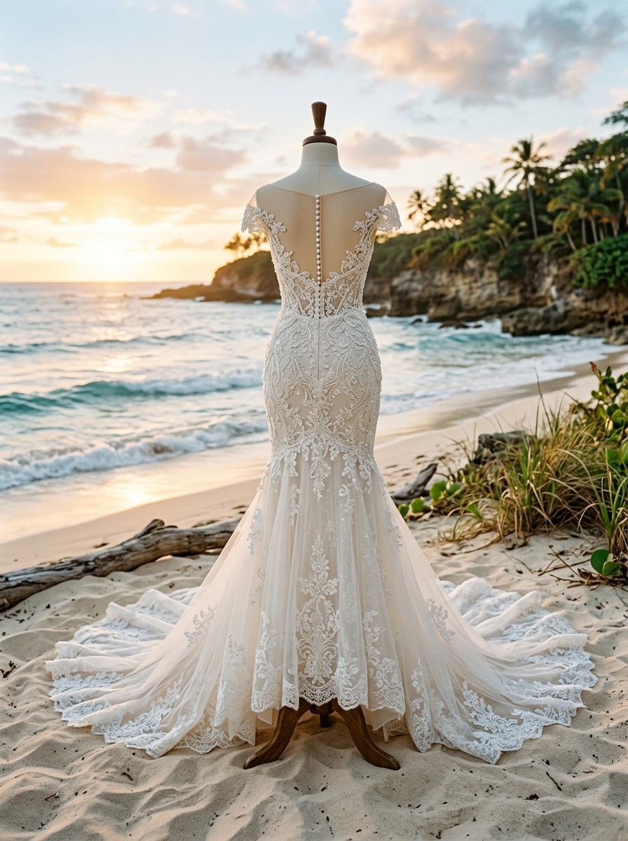 A beautiful mermaid gown with lace detailing displayed on a mannequin by the beach at sunset.