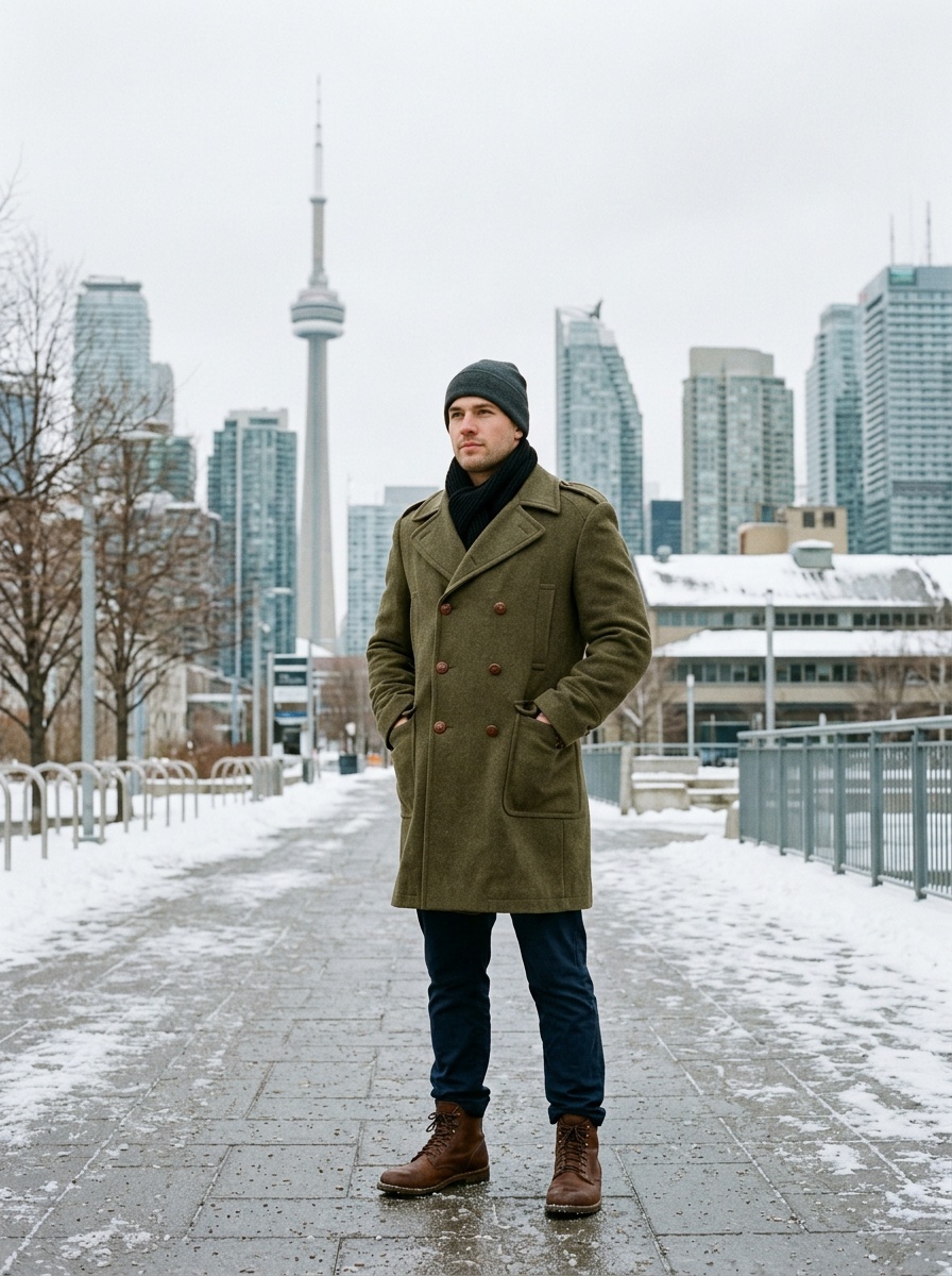 Man wearing a military-inspired overcoat with Toronto skyline in the background
