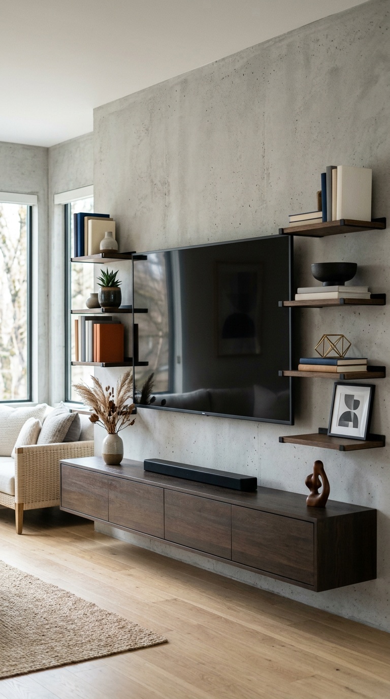 Minimalist wall-mounted entertainment center with TV and decorative shelves.