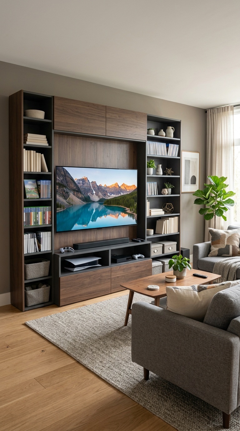 A stylish multi-functional entertainment center with a TV, books, decorative items, and storage.