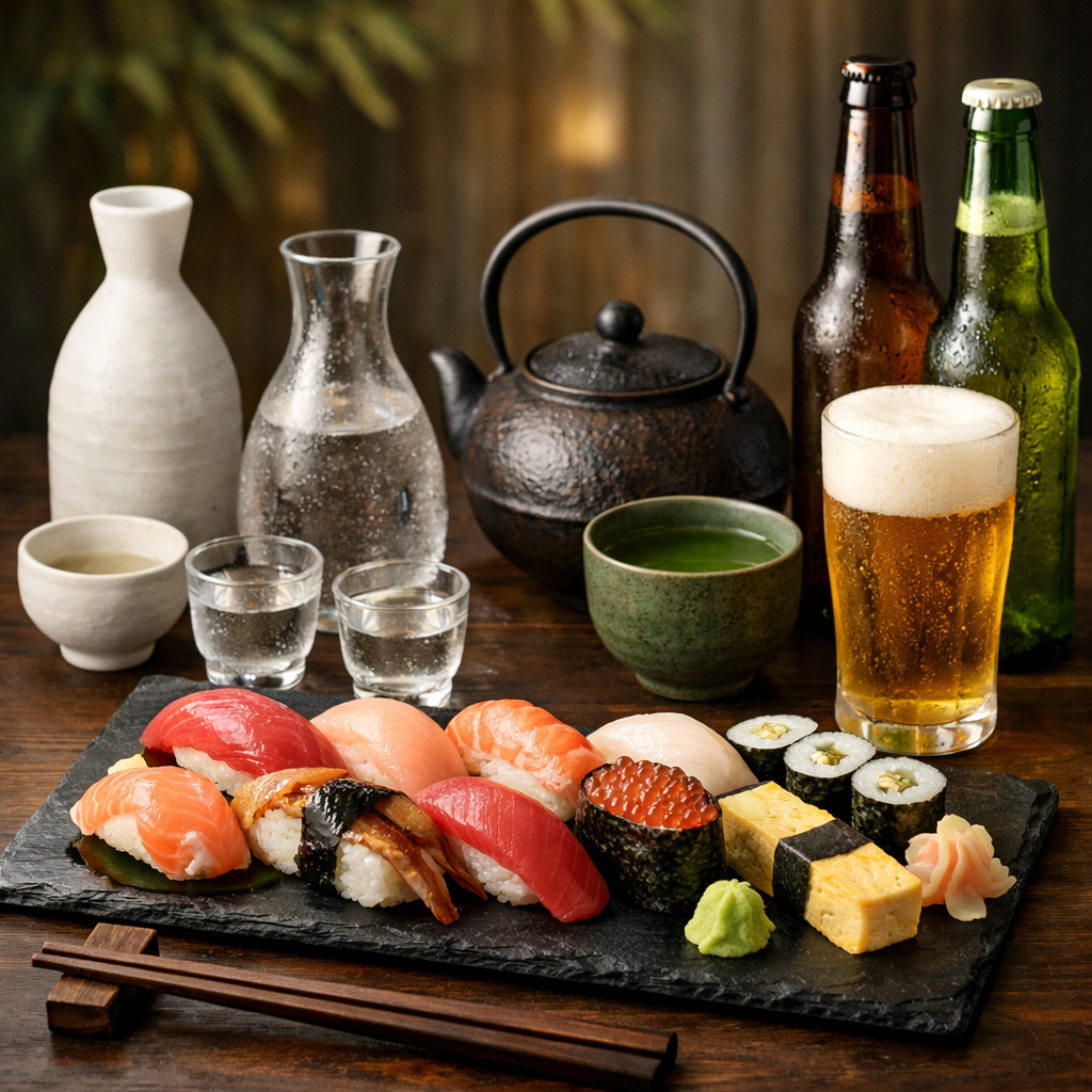 A table set with sushi and various beverages, including sake, green tea, and beer.