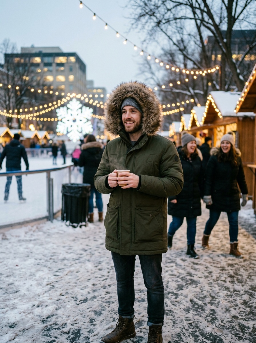 A man in a green parka with faux fur trim, holding a warm drink in a snowy outdoor setting with festive lights.