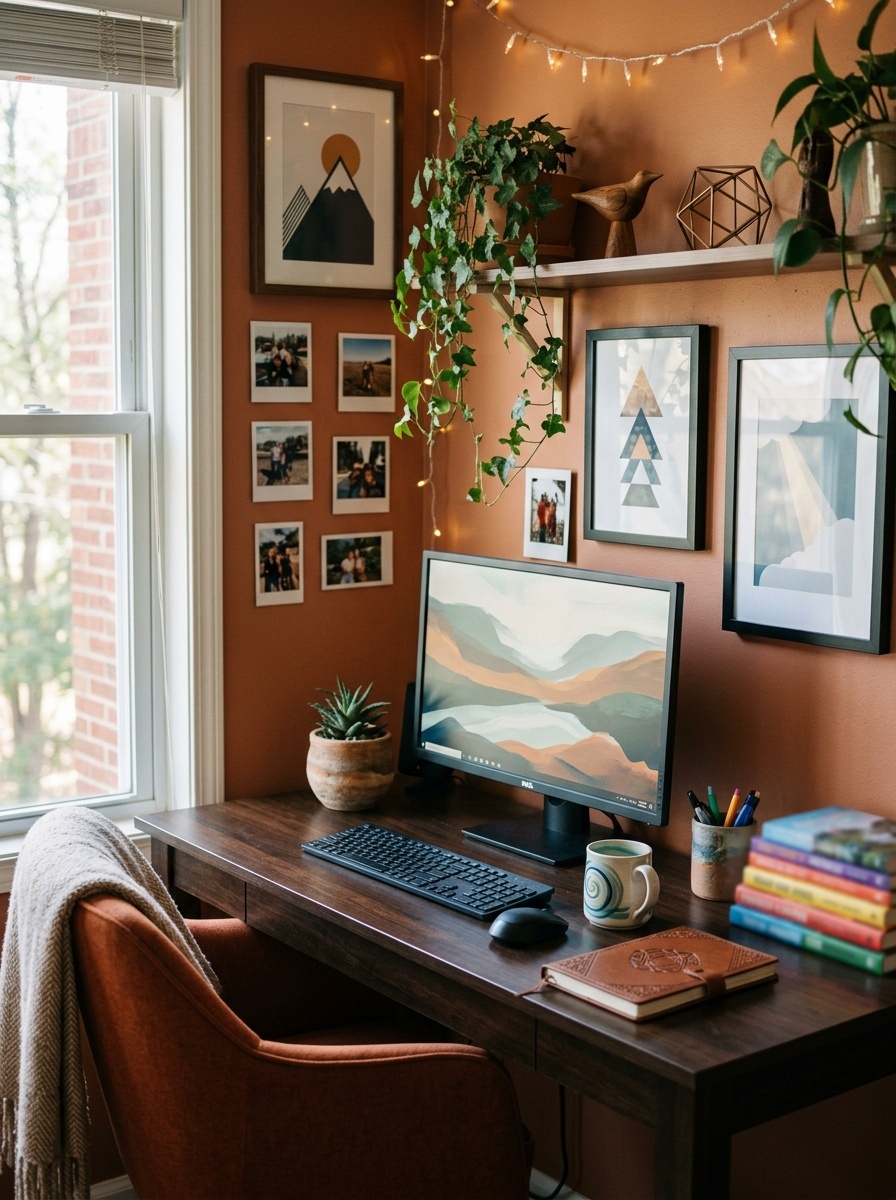 Cozy home office with personalized decor elements like plants, artwork, and fairy lights.