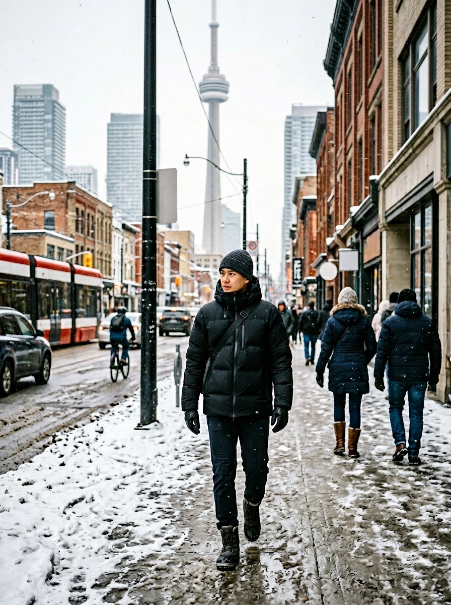 A man in a black puffer coat walks on a snowy street in Toronto, with the CN Tower in the background.