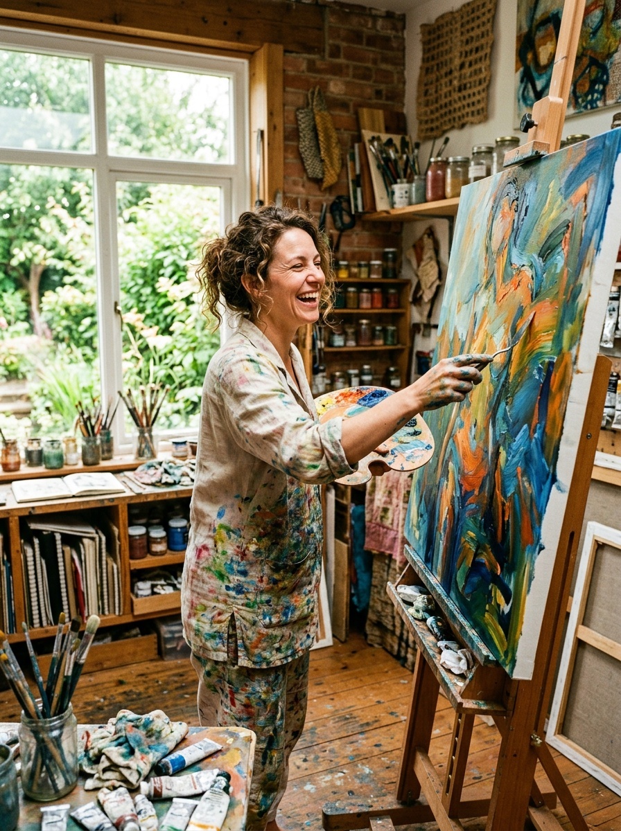 An artist happily painting in a vibrant and messy studio, showcasing her passion.
