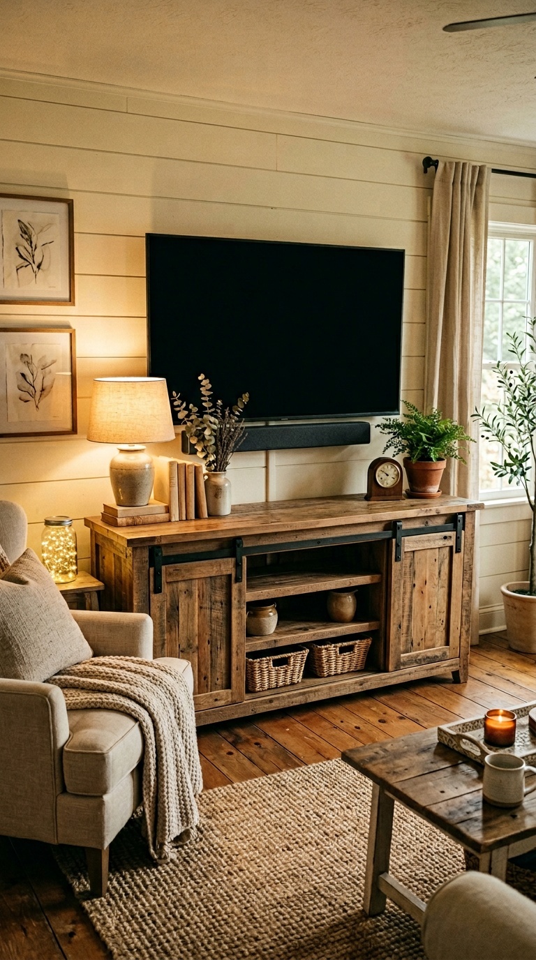 A rustic farmhouse media console with a TV above it in a cozy living room.
