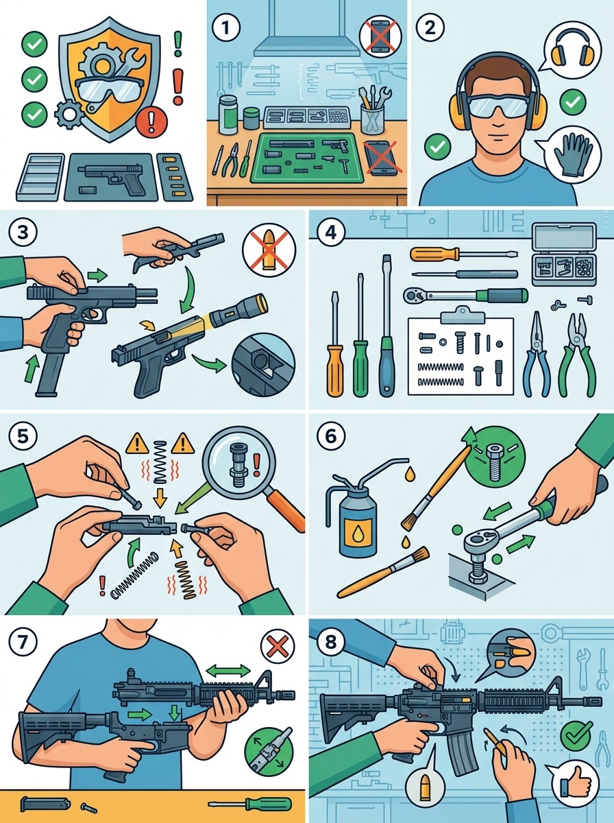 Illustration of safety precautions during gun assembly.