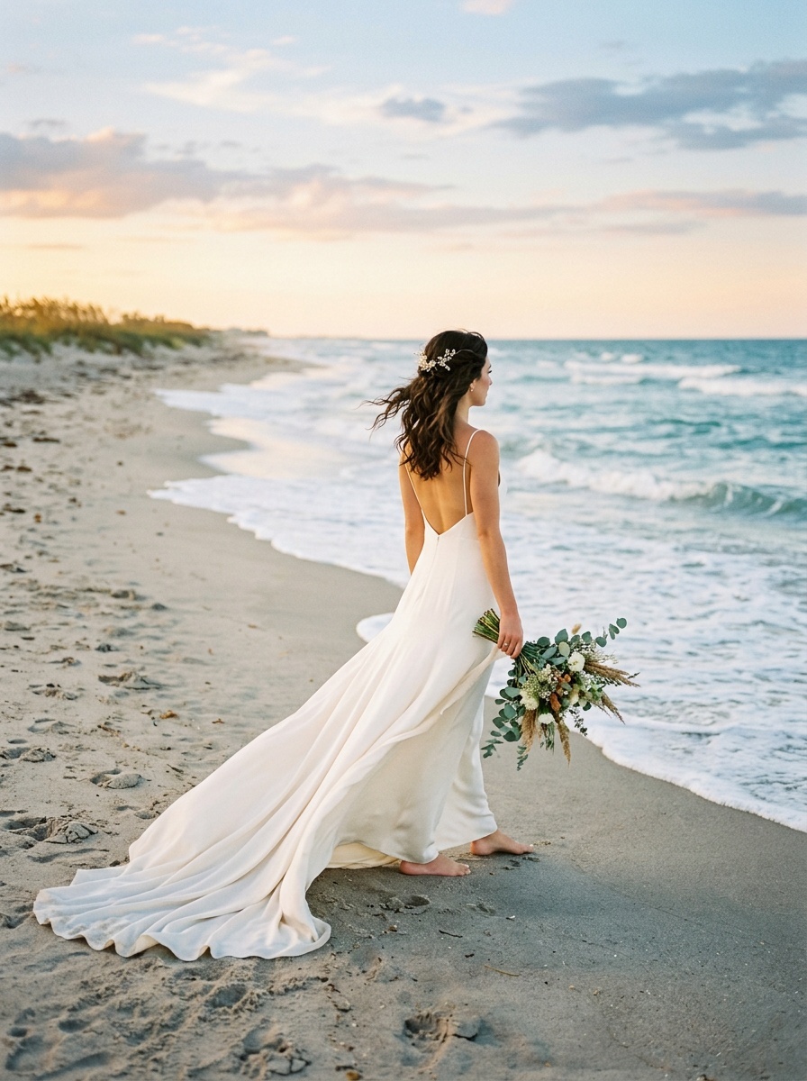 Bride in a simple slip dress with a train walking on the beach during sunset.