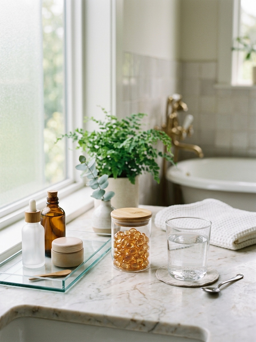 A serene bathroom countertop displaying skin hydration capsules, a glass of water, and other skincare products.