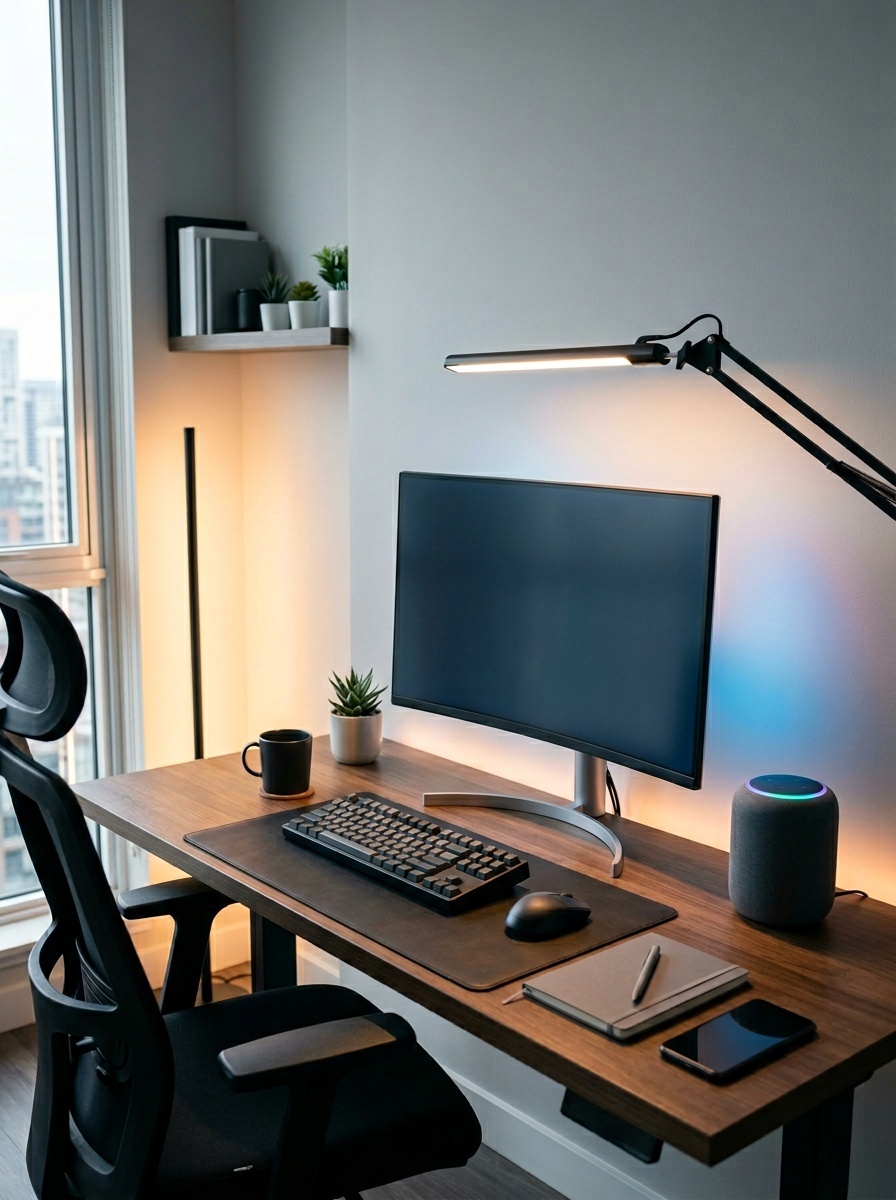 A modern home workspace featuring a monitor, keyboard, smart speaker, and plants, emphasizing technology integration.