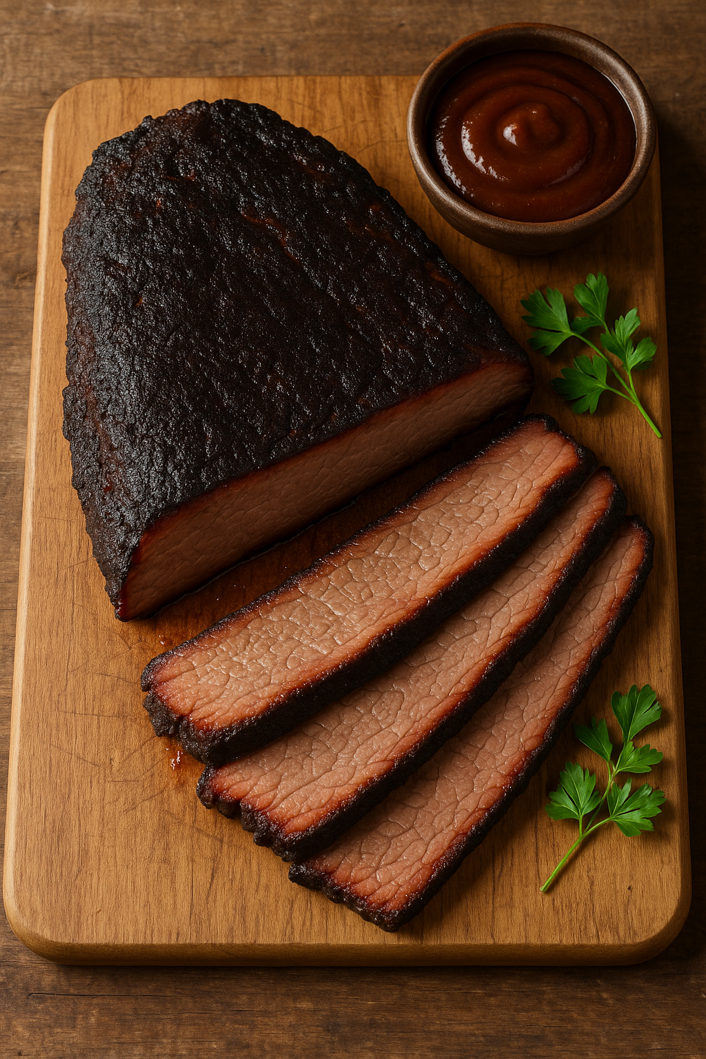 Delicious smoky brisket slices served on a wooden board with BBQ sauce.