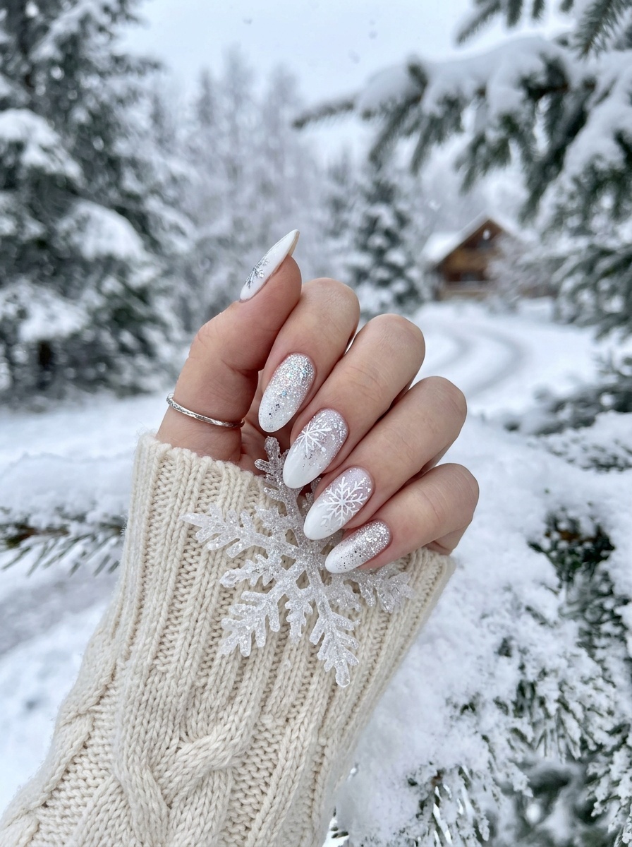 A hand with snowy white and silver nail art, holding a snowflake and surrounded by a wintery background.