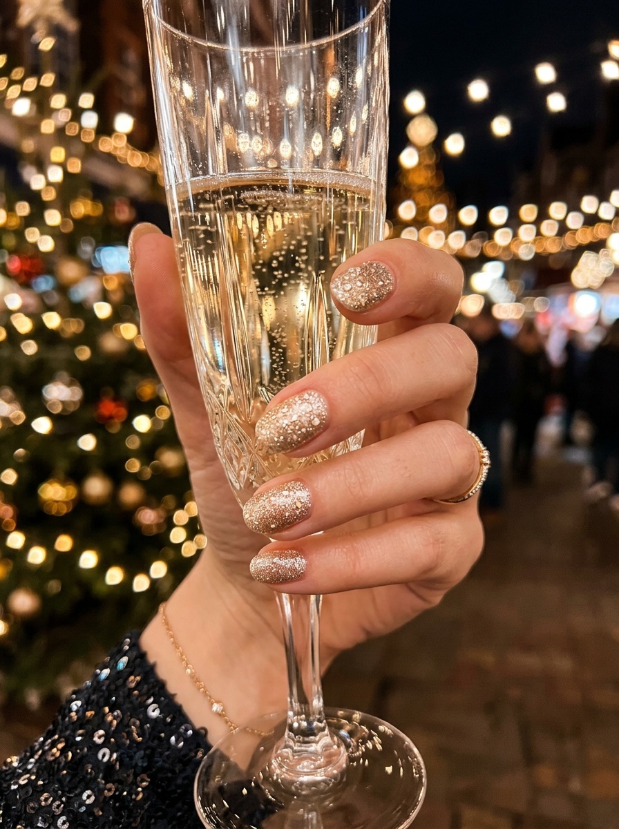 A hand holding a glass of champagne with sparkling gold nails in front of a decorated Christmas tree