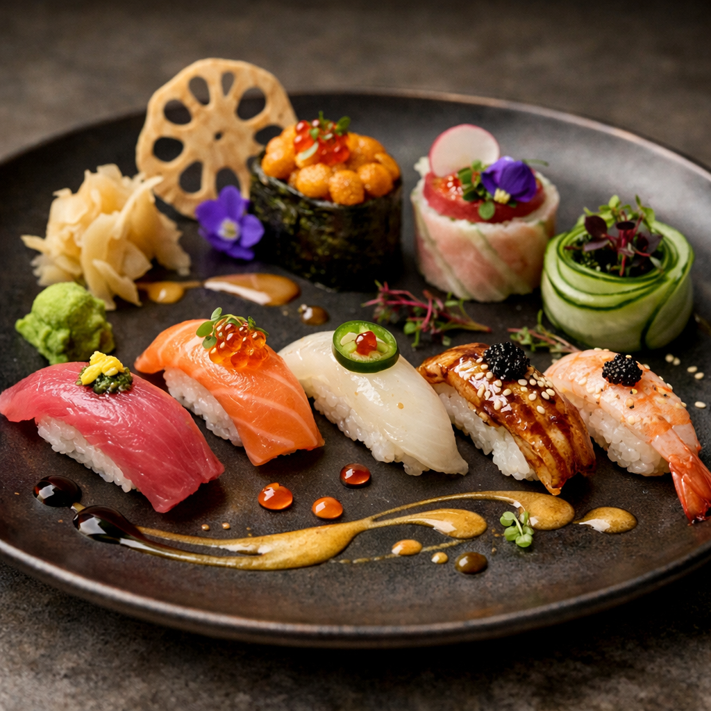 A beautifully arranged plate of sushi showcasing vibrant colors and textures.