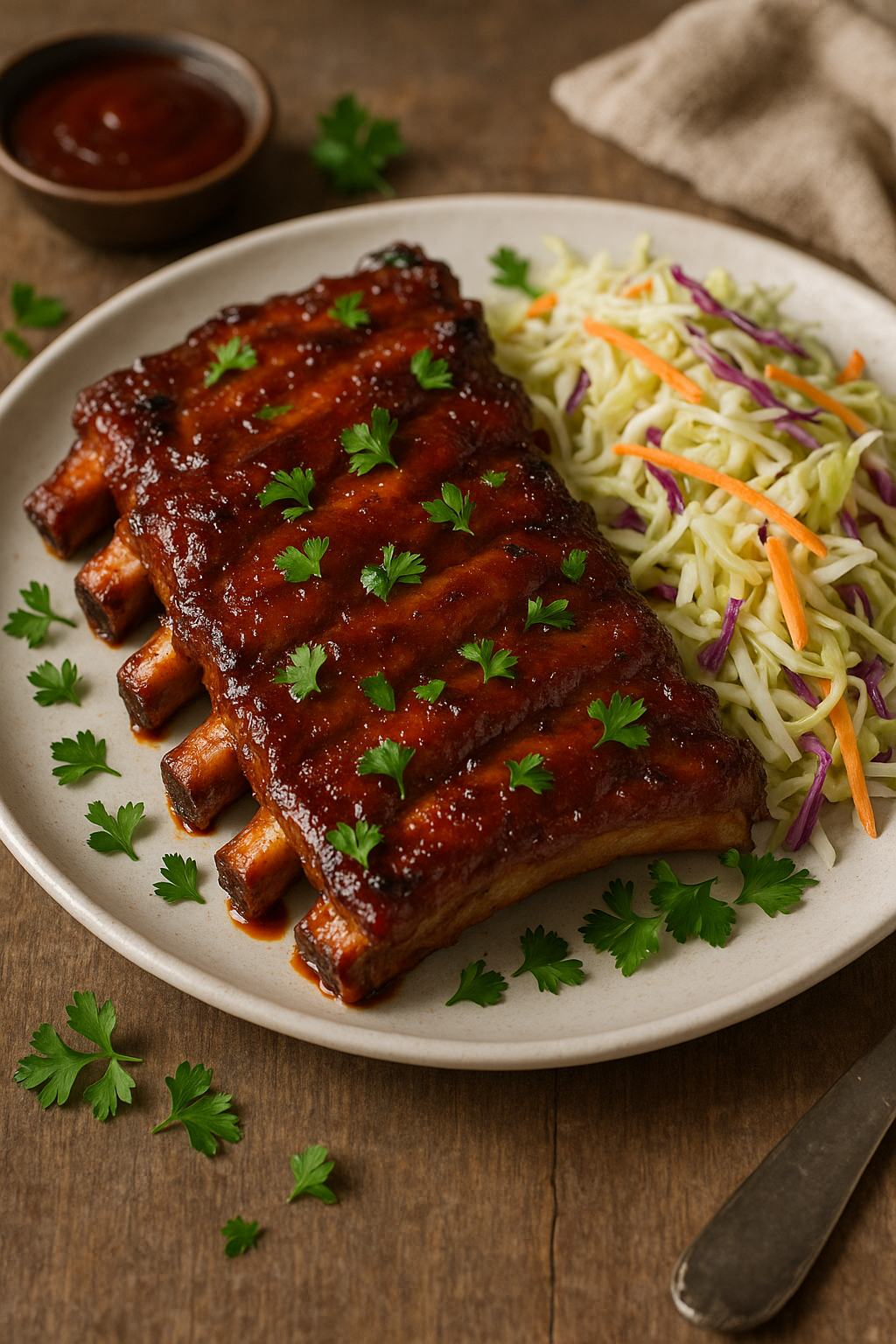 Tangy BBQ ribs served with slaw and a side of barbecue sauce.