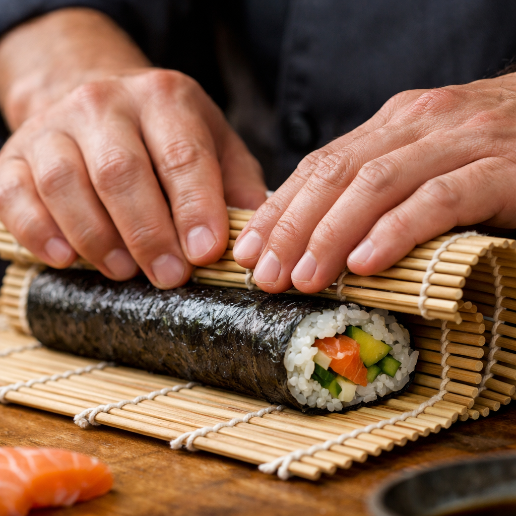 A person rolling sushi with fresh ingredients using a bamboo mat.