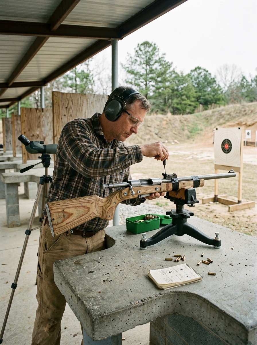 A person calibrating a homemade gun at a shooting range.