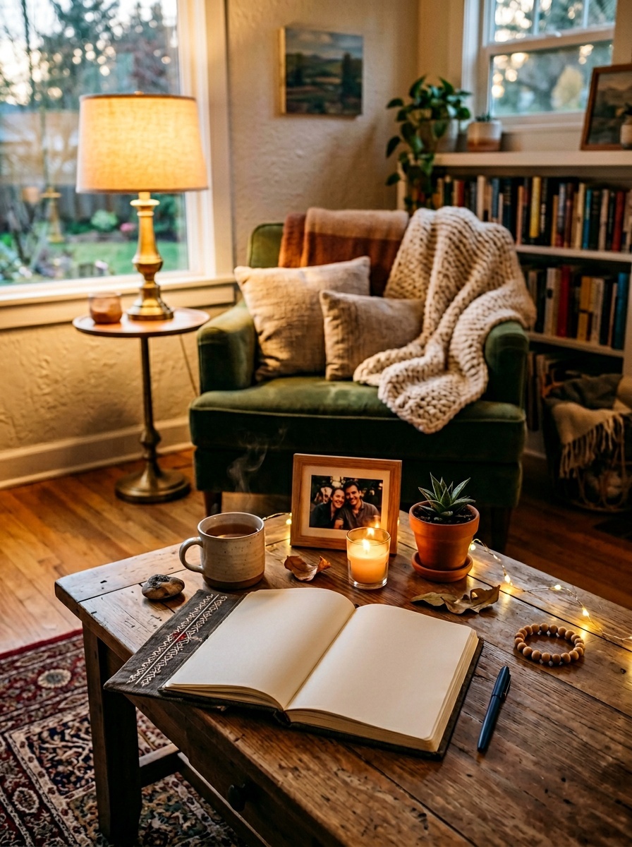 A cozy living space with a green chair, table with a steaming cup of tea, candles, and an open journal, creating a peaceful atmosphere.