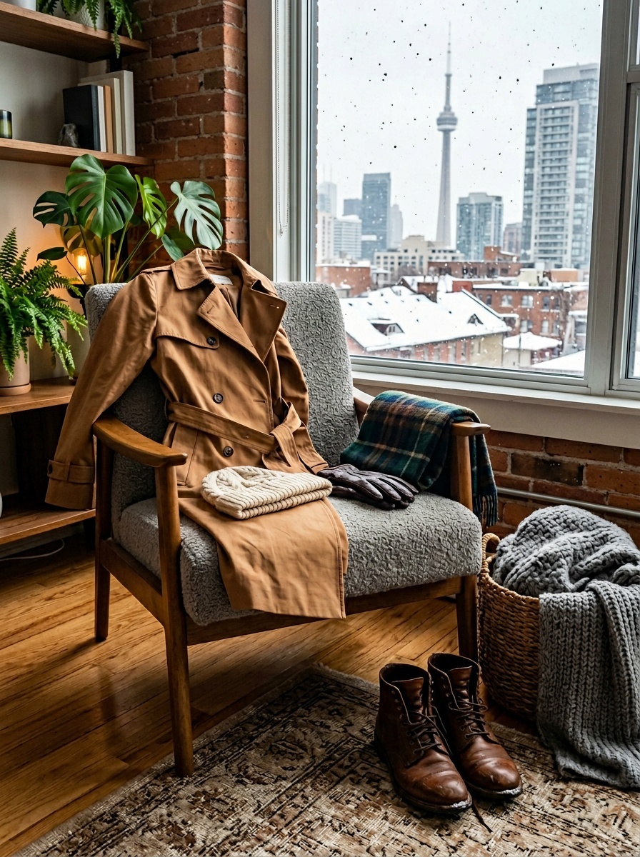 A stylish trench coat elegantly displayed on a chair near a window, with winter scenery outside.