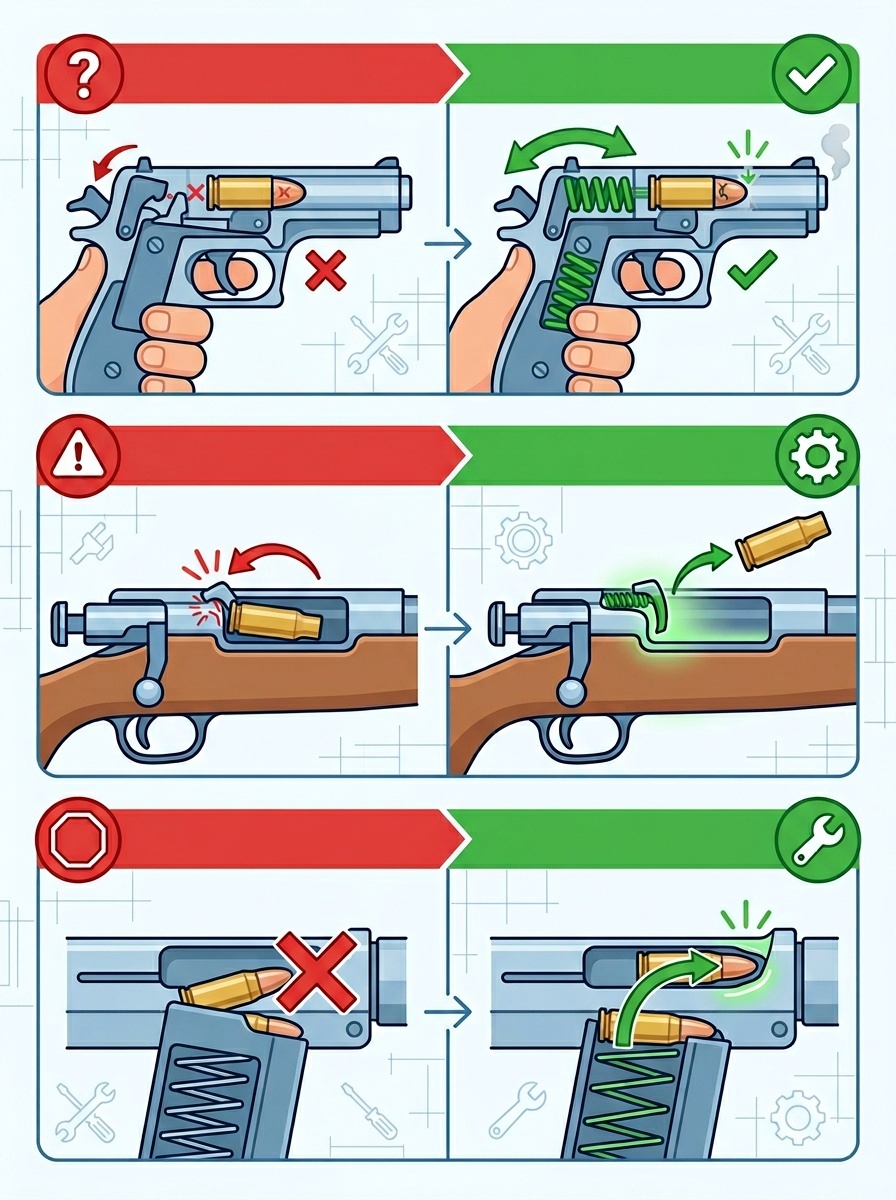 An instructional graphic showing common issues and solutions for homemade firearms.